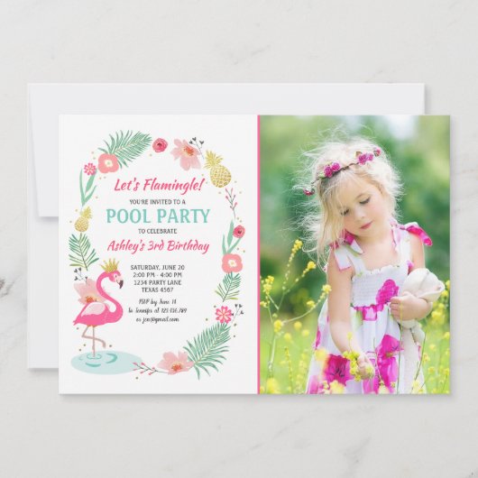 Flamingo Zwembad uitnodiging Tropische Verjaardag (Voorkant)