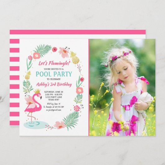 Flamingo Zwembad uitnodiging Tropische Verjaardag (Voorkant / Achterkant)