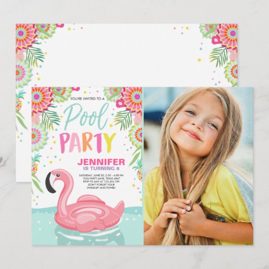 Flamingo Zwembad uitnodiging Tropische Zwembad flo (Voorkant / Achterkant)