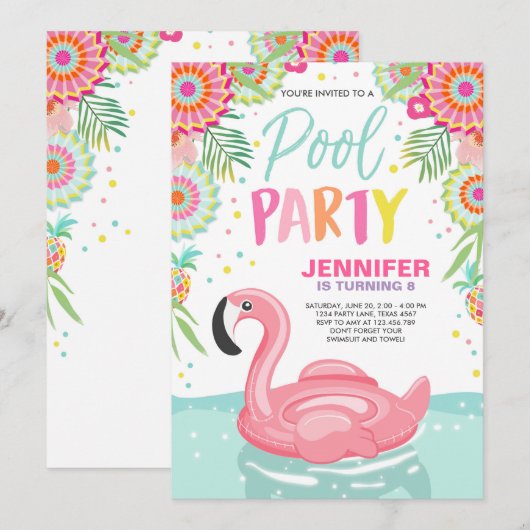 Flamingo Zwembad uitnodiging Tropische Zwembad flo (Voorkant / Achterkant)