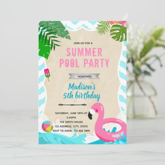 Flamingo zwembad verjaardagsfeestje uitnodiging (Staand voorkant)