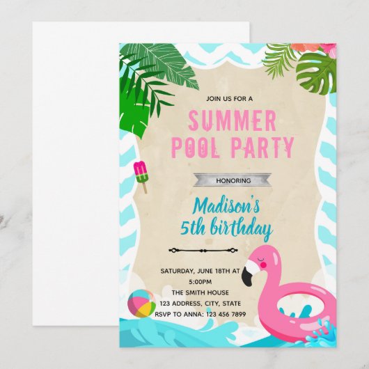 Flamingo zwembad verjaardagsfeestje uitnodiging (Voorkant / Achterkant)