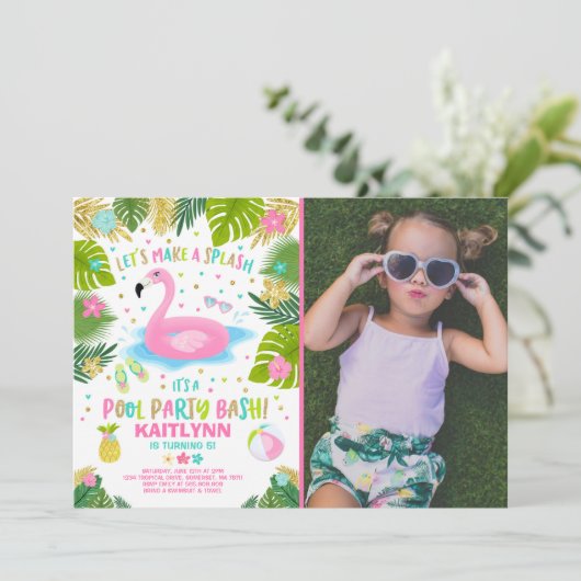 Flamingo zwembadfeest uitnodiging Tropische Flamin (Staand voorkant)