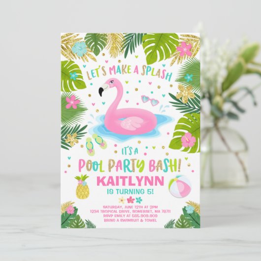 Flamingo zwembadfeest uitnodiging Tropische Flamin (Staand voorkant)