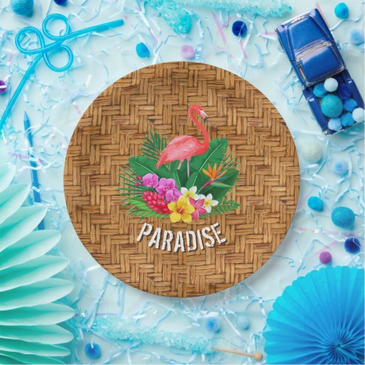 Flamingobloemen op Rotanpatroon Papieren Bordje (Feest)