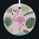 Flamingopalm laat tropisch design achter glas ornament<br><div class="desc">Flamingo en palmbladeren - Goed voor t-shirt,  posters,  textiel,  geschenken,  reissets. Flamingo en palmbladeren: ideaal voor t-shirts,  posters,  geschenken! Flamingo's en palmbladeren verenigen zich voor de coolste t-shirts,  posters en geschenken ooit! flamingo,  achtergrond,  abstract,  illustratie,  bloem,  textuur,  decor,  strand,  mode,  hart,  lijst,  natuur,  boom,  blad,  bos,  bloemen,  poster,  dier</div>