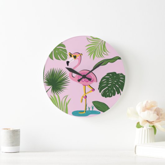 Flamingopalm laat tropisch design achter grote klok (Huis)