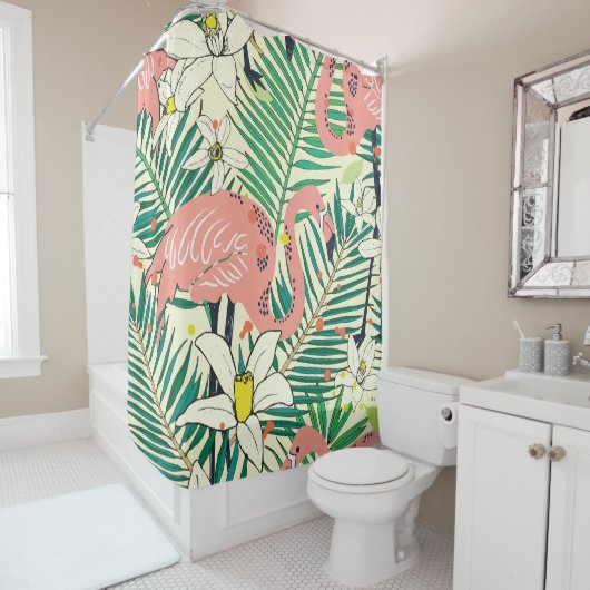 Flamingopalmbladeren: tropisch douchegordijn (In situ)