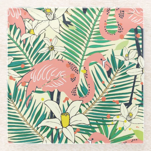 Flamingopalmbladeren: tropisch glazen onderzetter (Voorkant)