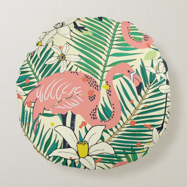 Flamingopalmbladeren: tropisch  rond kussen (Voorkant)