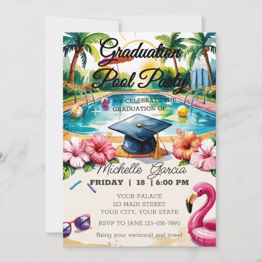 Flamingoroze zwembad eindexamenfeest hibiscus aanp kaart (Voorkant)