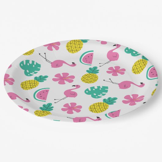 Flamingos, ananassen en bloemen papieren bordje (Gekanteld)