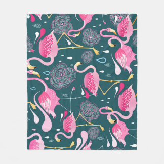Flamingo's Bloemen: Donker Grafisch Naadloos. Fleece Deken