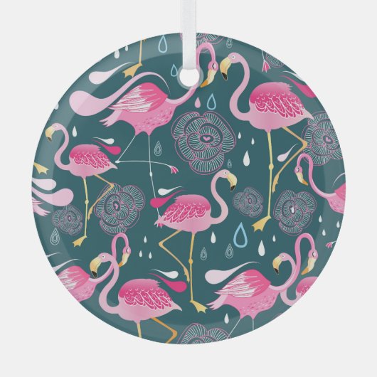 Flamingo's Bloemen: Donker Grafisch Naadloos. Glas Ornament (Voorkant)