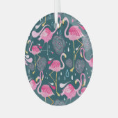 Flamingo's Bloemen: Donker Grafisch Naadloos. Glas Ornament (Voorkant links)