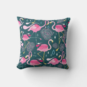 Flamingo's Bloemen: Donker Grafisch Naadloos. Kussen