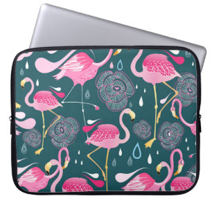 Flamingo's Bloemen: Donker Grafisch Naadloos. Laptop Sleeve