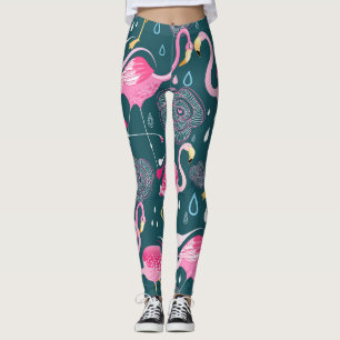 Flamingo's Bloemen: Donker Grafisch Naadloos. Leggings