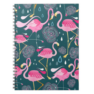 Flamingo's Bloemen: Donker Grafisch Naadloos. Notitieboek