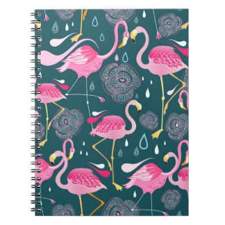 Flamingo's Bloemen: Donker Grafisch Naadloos. Notitieboek
