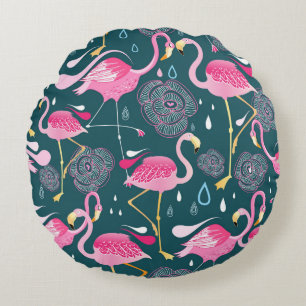 Flamingo's Bloemen: Donker Grafisch Naadloos. Rond Kussen