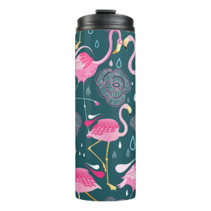 Flamingo's Bloemen: Donker Grafisch Naadloos. Thermosbeker