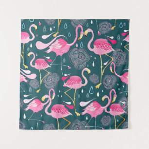 Flamingo's Bloemen: Donker Grafisch Naadloos. Wandkleed