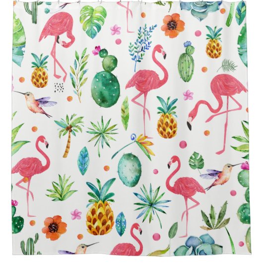 Flamingo's Cactus & Ananas Naadloos Patroon Douchegordijn (Voorkant)