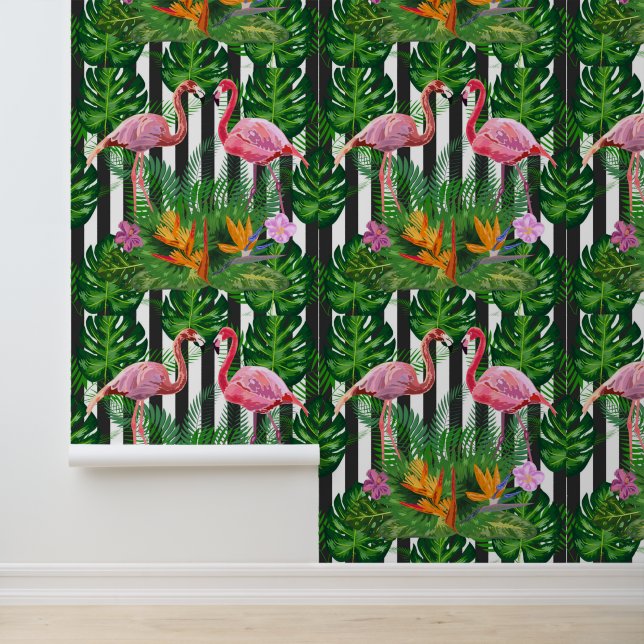 Flamingo's Dark Grunge Stripe Bloemen Groen Behang (Applicatie)
