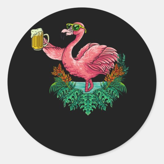 Flamingo's die bier drinken op een feestje ronde sticker (Voorkant)