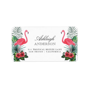 Flamingo's en ananas   Tropische flora Etiket