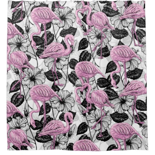 Flamingos en hibiscus bloemen douchegordijn (Voorkant)