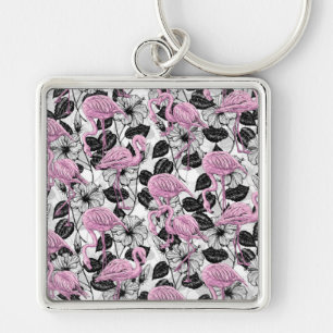Flamingos en hibiscus bloemen sleutelhanger