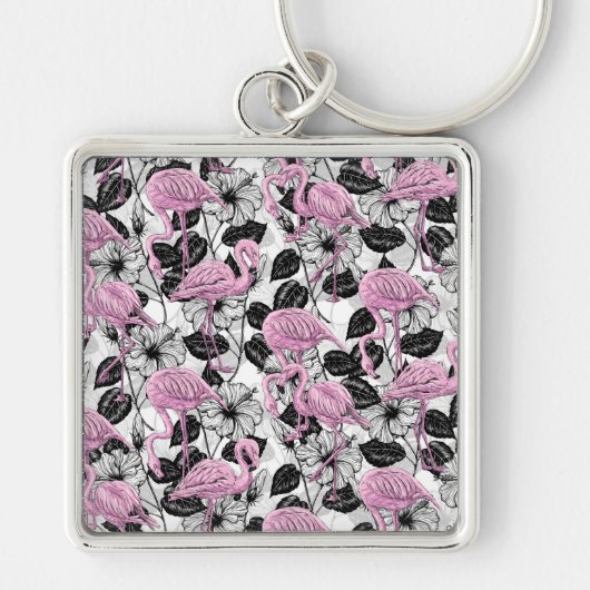 Flamingos en hibiscus bloemen sleutelhanger (Voorkant)