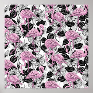 Flamingo's en hibiscusbloemen poster
