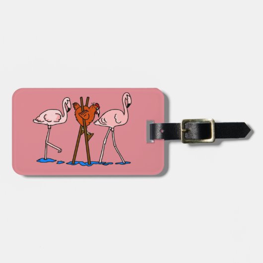 Flamingos en kip met roze achtergrond bagagelabel (Voorkant horizontaal)