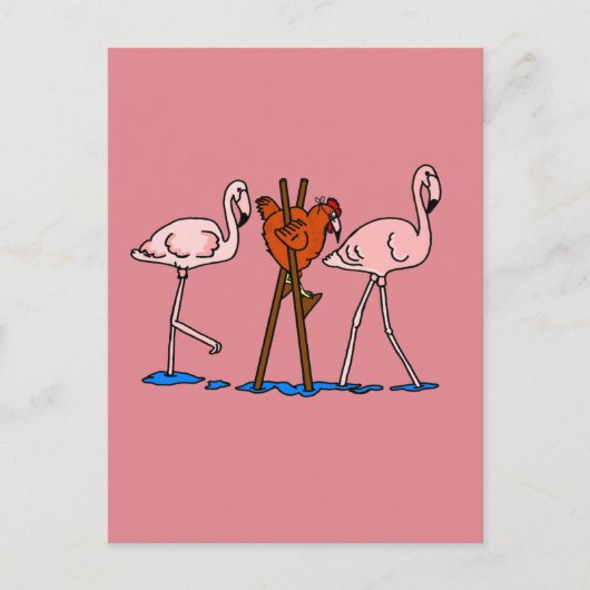 Flamingos en kip met roze achtergrond briefkaart (Voorkant)