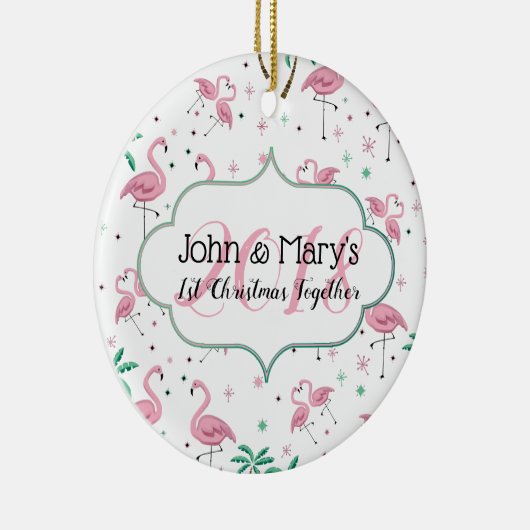Flamingos en Palm Trees Eerste kerstmonogram Keramisch Ornament (Rechts)