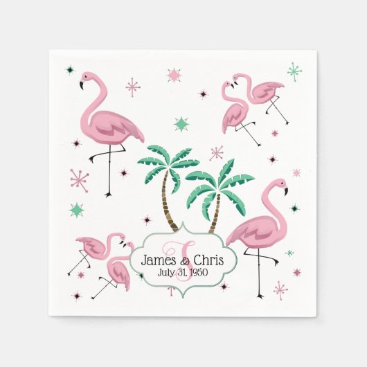 Flamingo's en palmbomen Atomic Style Monogram Servet (Voorkant)