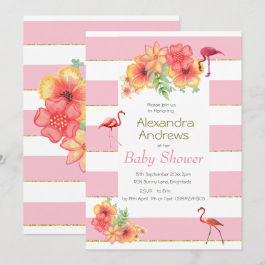 Flamingos en roze streep Baby shower Kaart (Voorkant / Achterkant)