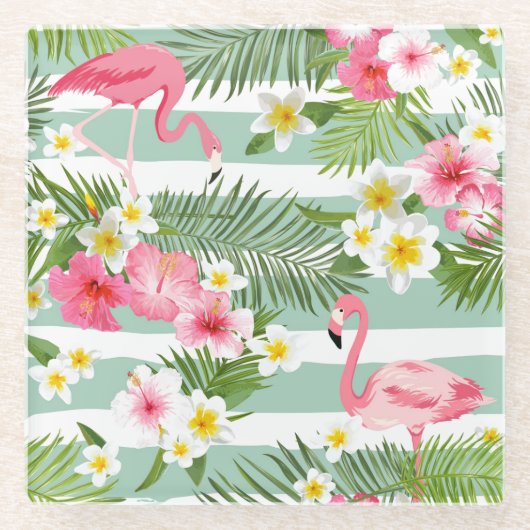 Flamingos en Stripes Glazen Onderzetter (Voorkant)