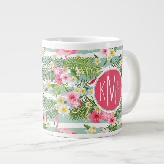 Flamingos en Stripes | Monogram Grote Koffiekop (Voorkant rechts)