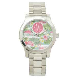 Flamingos en Stripes   Monogram Horloge