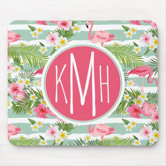 Flamingos en Stripes | Monogram Muismat (Voorkant)