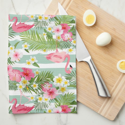 Flamingos en Stripes | Monogram Theedoek (Quarter Fold)