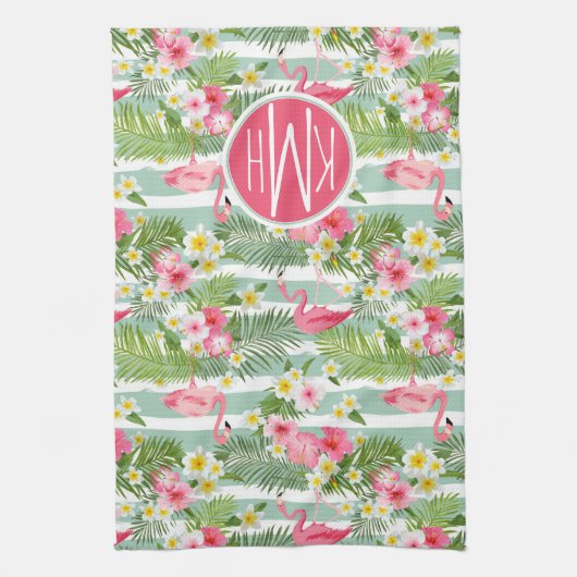 Flamingos en Stripes | Monogram Theedoek (Verticaal)