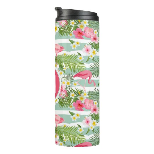 Flamingos en Stripes | Monogram Thermosbeker (Geroteerd rechts)