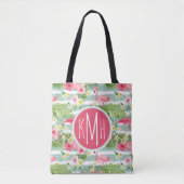 Flamingos en Stripes | Monogram Tote Bag (Voorkant)