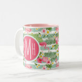 Flamingos en Stripes | Monogram Tweekleurige Koffiemok (Voorkant links)