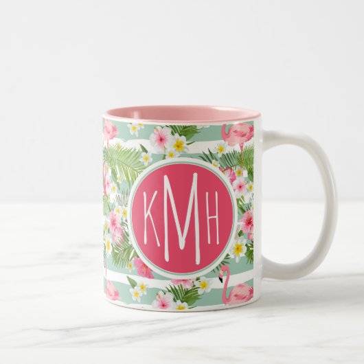 Flamingos en Stripes | Monogram Tweekleurige Koffiemok (Rechts)